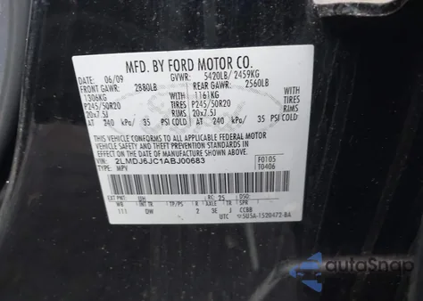 2010 Lincoln Mkx z USA, uszkodzony, nr VIN 2LMDJ6JC1ABJ00683